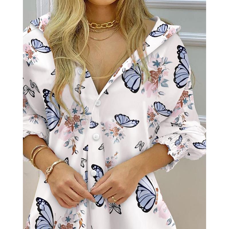 Fashion Spring Summer Printed Striped Women's Shirts Long Sleeve Lapel Casual Shirt Dress Ladies Single-breasted Irregular Casual Mini Dresses 25163