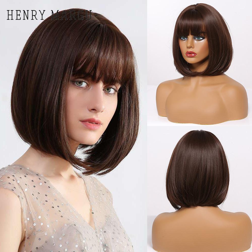HENRY MARGU Short Bob Synthetic Wigs Ombre Black Brown White Natural Straight Wigs for Women Middle Part Daily Heat Resistant
