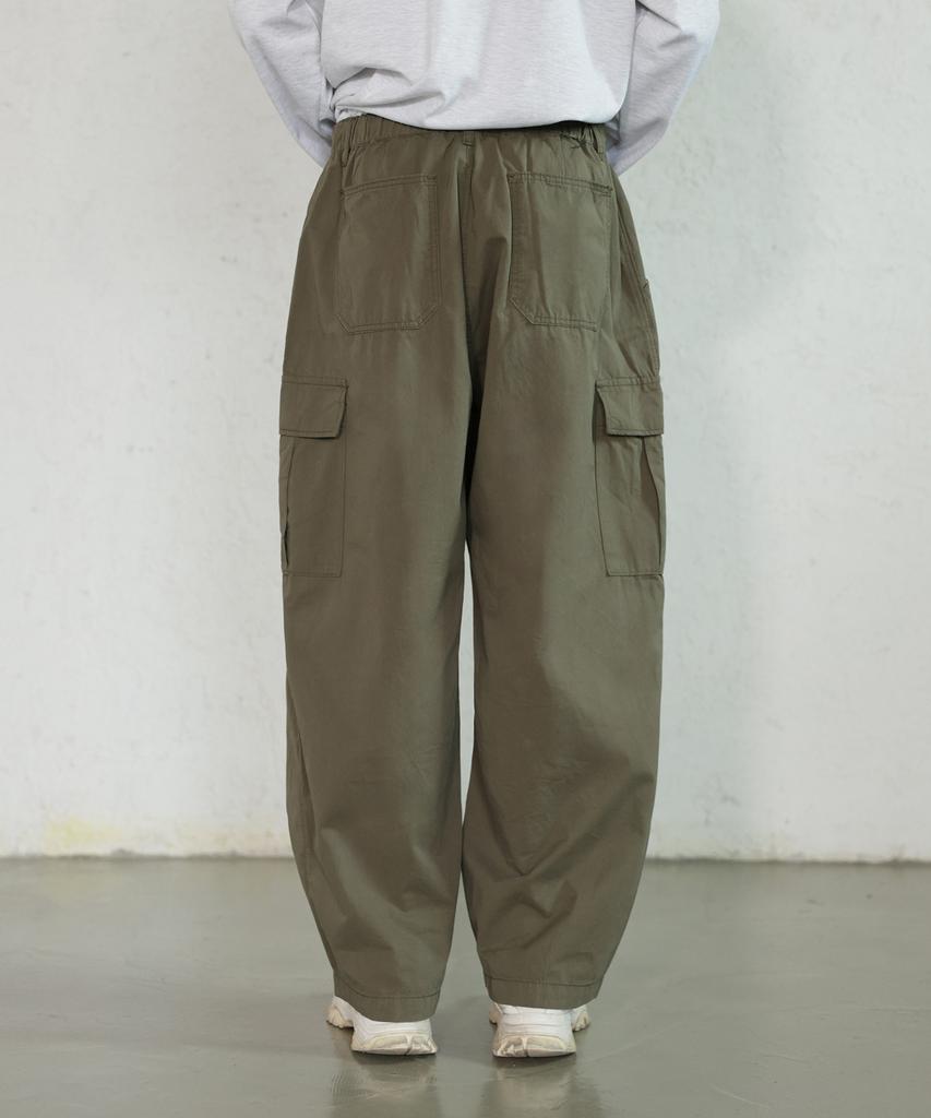 Jikeulib Back Elastic Waist Pintuck Balloon Hem Dart Cargo Pocket Wide Pants