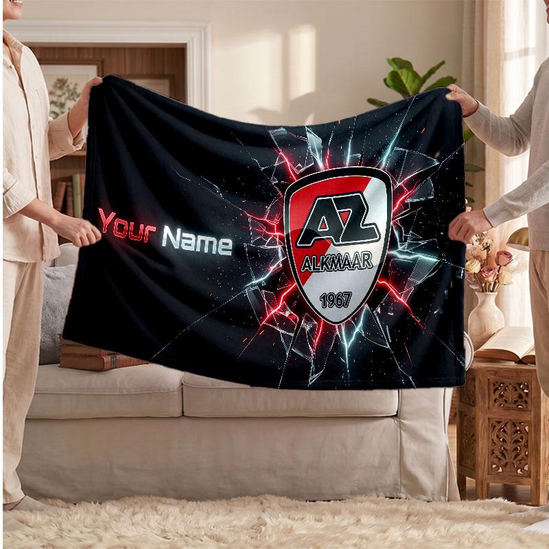 AZ Alkmaar Personalized Fleece Blanket With Football Logo, Custom Name Text Soft Warm Home Throw Blanket