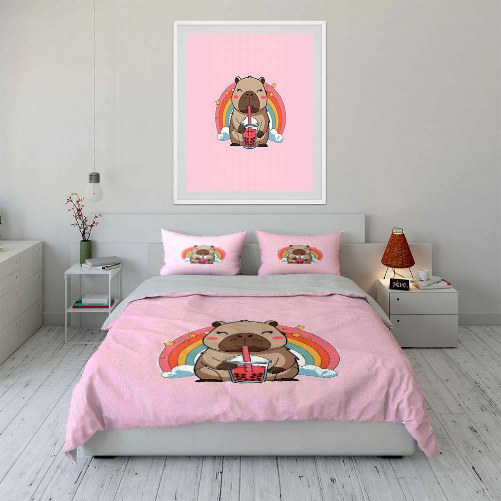 Adorable Capybaras Drinking Milk Tea Bedding Set For Kids Luxury Gift 3Pcs Digital Print Comforter Set Soft Comfortable