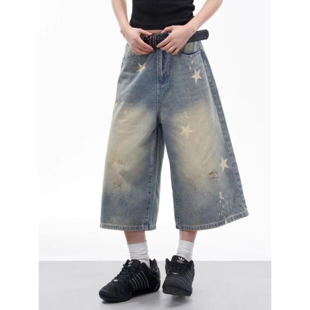 Women's High Rise Wide Leg Capri Jeans Loose Fit Vintage Star Printed Washed Denim Shorts