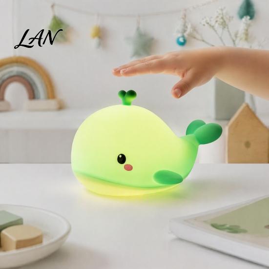 Portable Animal Night Light Cute Whale Silicone Touch Light, USB Rechargeable Bedside Lamp with Charging 3 Brightness & Remote Control, 30 Min