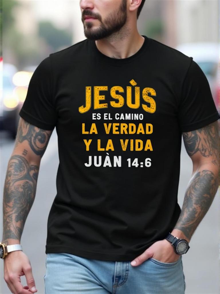 Men'S Christian Faith T-Shirt - Saved My Life & Spanish Bible Verse (Juan 14 6) Print - with Yellow