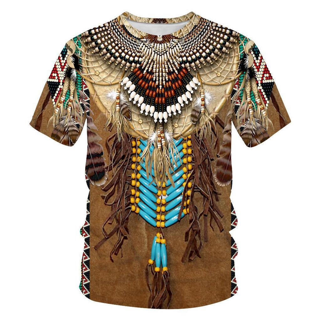 Été Nouveau T-shirt Décontracté à Manches Courtes et Col Rond pour Homme avec Impression Numérique 3D Amérindienne