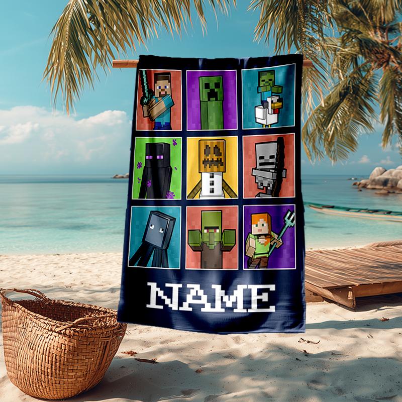 Custom Name Ultra-Soft Beach Towel with Minecraft Theme,Ideal for Pool - Camping, Diving - Perfect Travel Essential, Vibrant Beach Towel.