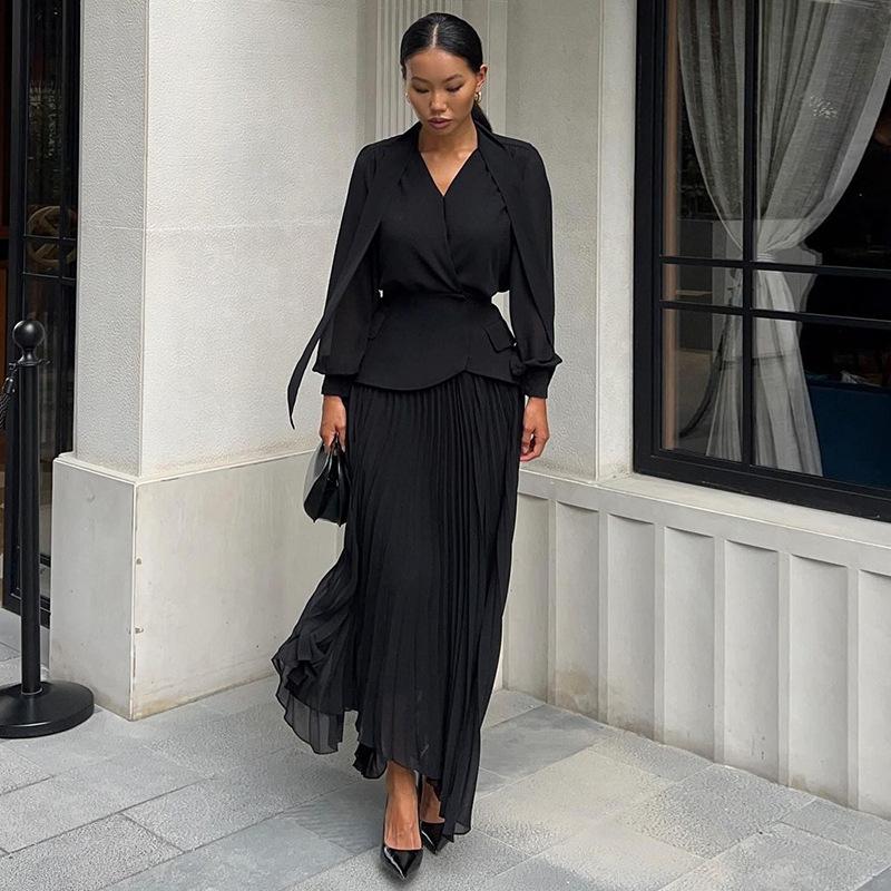 

Летняя женская повседневная плиссированная юбка с завязкой на талии и нерегулярным топом S чёрный