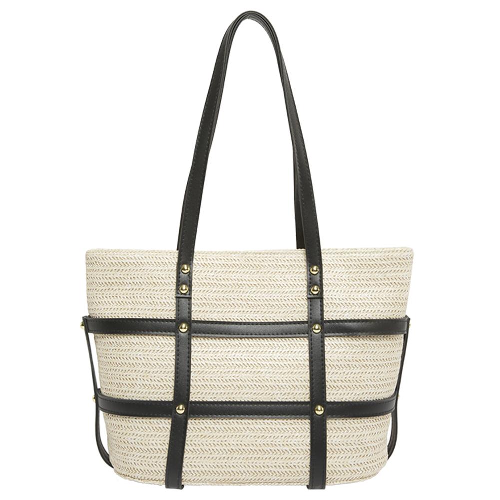 

Women Crochet Beach Handbag PU Patchwork Simple Shoulder Bag Large Capacity Minimalist Tote Bag Ladies Summer Daily Bag