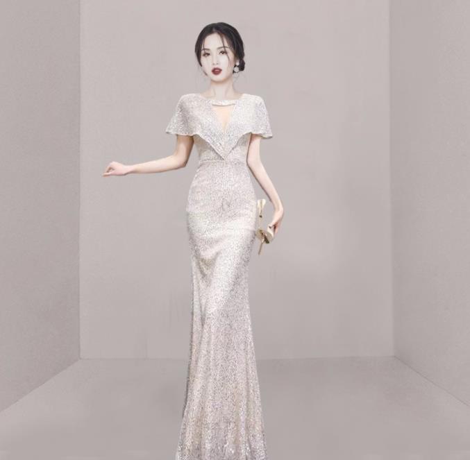 Fishtail evening dress skirt women's 1011 new banquet temperament host feeling light luxury niche style champagne
