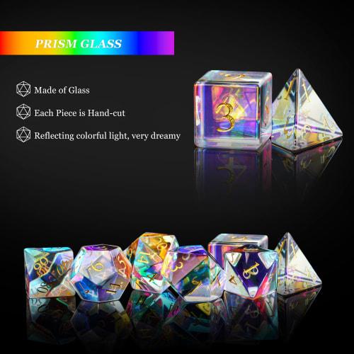 UDIXI Natural Gemstone Dice Set, 7 Gemstone DND Dice for Dungeons and Dragons, Handmade Glass Dice for MTG Tabletop Games (Prism Glass)