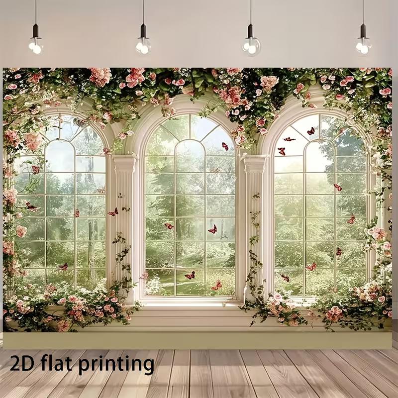 2D Floral Arched Window Backdrop, Romantic Garden View Photography Background for Wedding Party