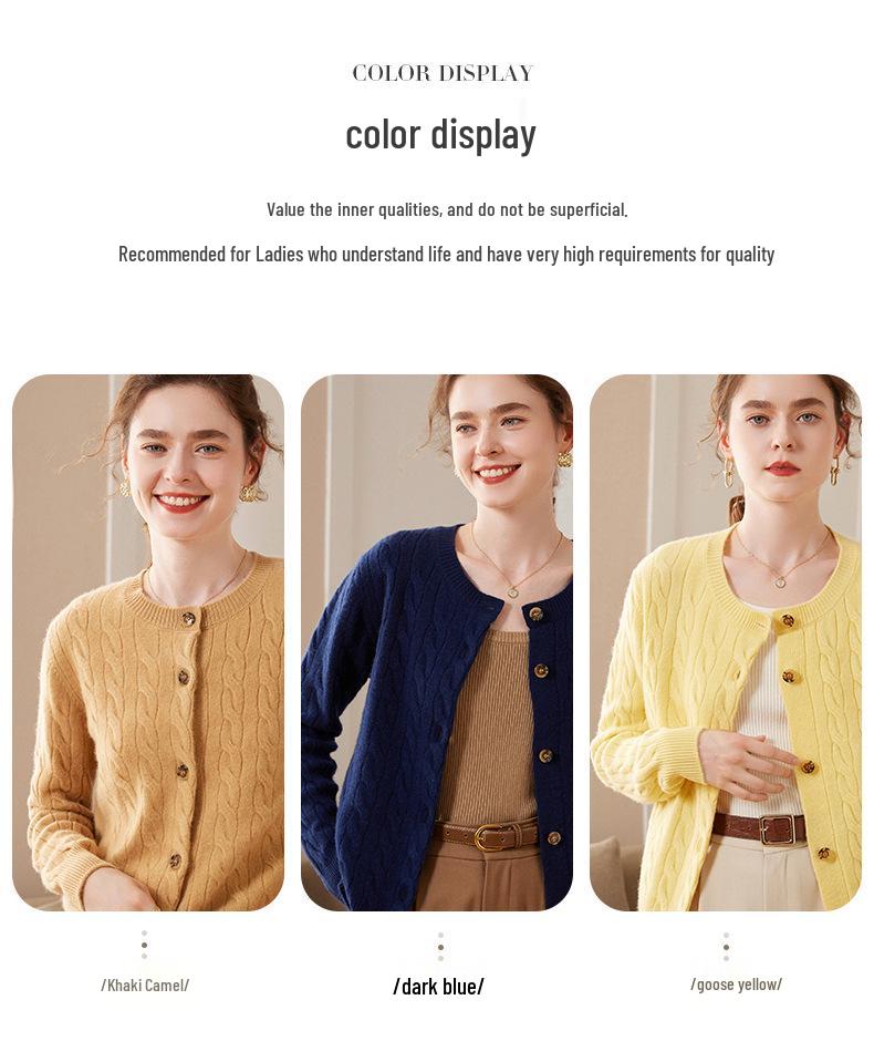 Women's 100% Pure Cashmere Round Neck Cable Knit Cardigan Sweater