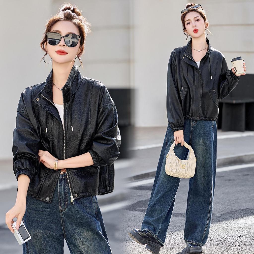 Women's Petite Leather Stand-Collar Jacket - Slimming, Stylish Motorcycle Style, Spring 2026 Fashion