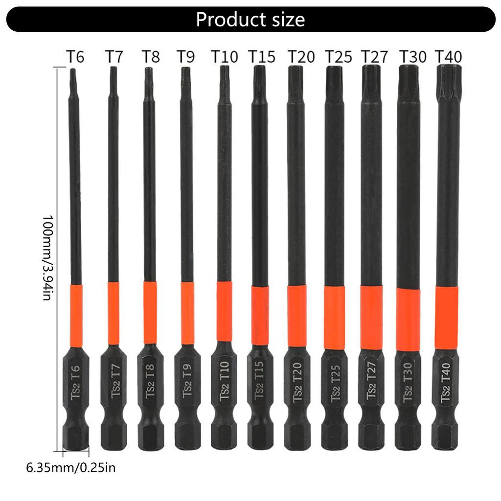 11PCS 100mm Torx Screwdriver Bits T10-T40 S2 Steel Magnetic Torx Security Star Hex Screwdriver Bits Set for Screwdrivers