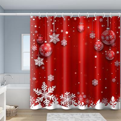 Christmas Red Background Snowflake Ball Print Shower Curtain, High Quality Polyester Fabric with Hooks
