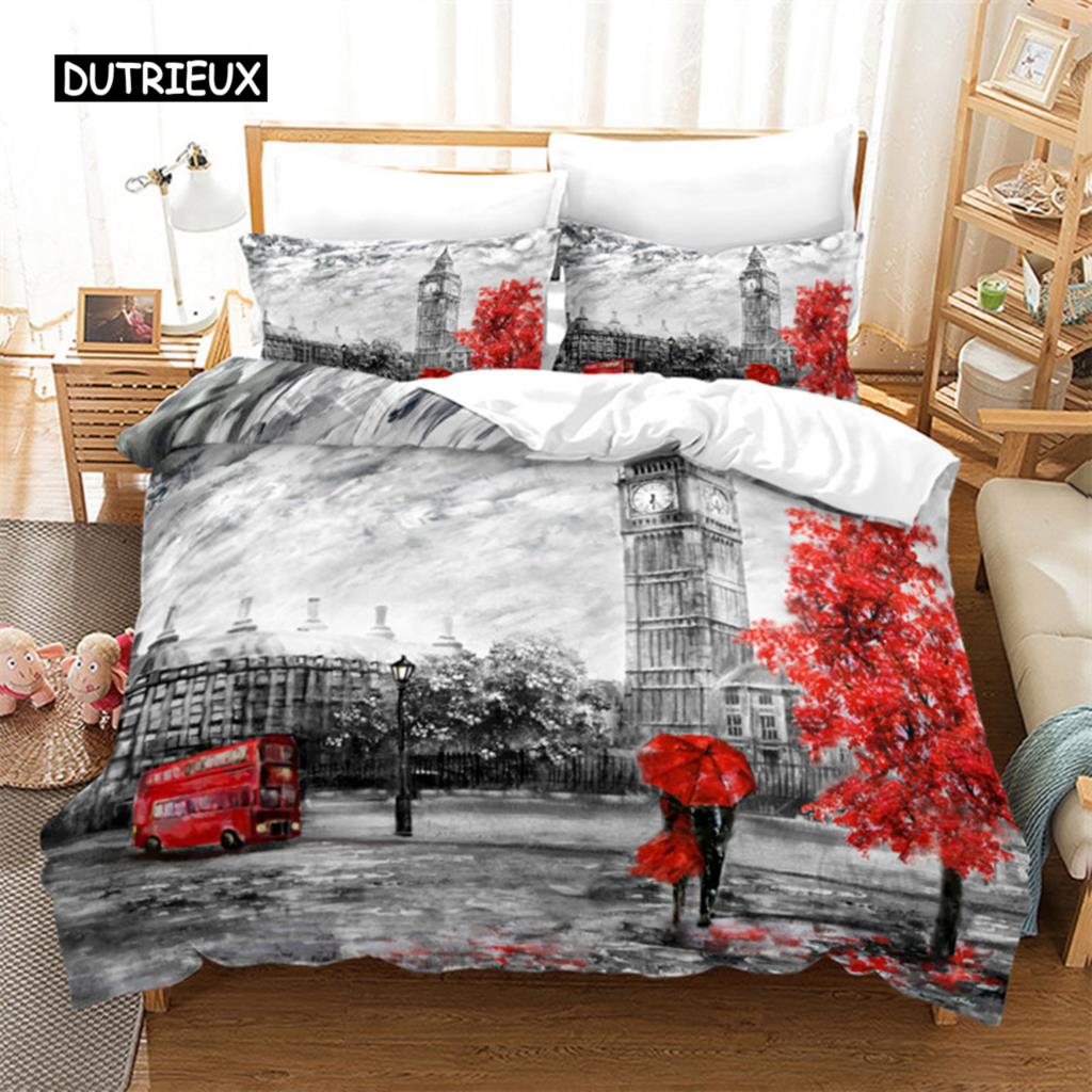 France Eiffel Tower Duvet Cover Romantic Couple Comforter Cover Microfiber France Paris Cityscape Bedding Set For Adults Decor