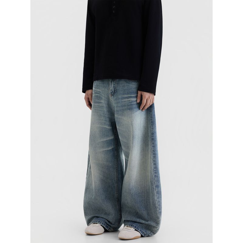 Blaexit American-Style Distressed Whiskered Washed Blue Scimitar Jeans for Men, Loose Straight-Leg Cleanfit Pants