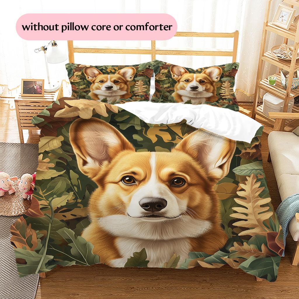 Corgi und Pflanzen Muster Bettwäsche Heimdekoration Geburtstagsgeschenk (1 Bettbezug + 2 Kissenbezüge, ohne Füllung)