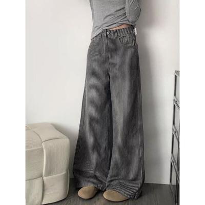 Retro Extended Striped Women's Autumn and Winter New High-waisted Loose Straight-leg Drapey Wide-leg Jeans