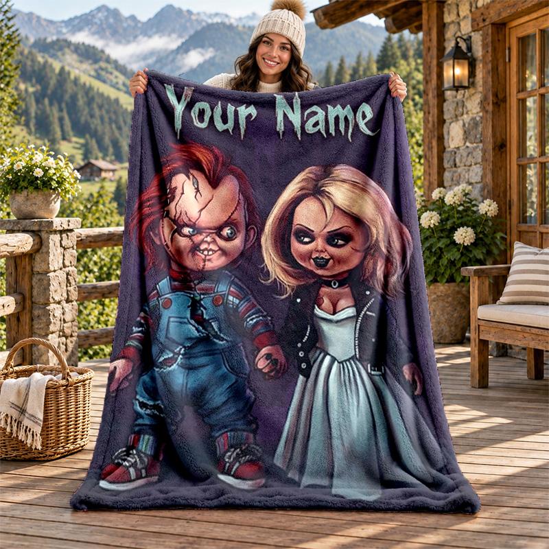 Chucky with Tiffany Custom Name Flannel Blanket Personalized Soft Warm Plush Throw Blanket Customized Gift for Family Friends