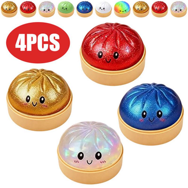 Kleurrijke Regenboog Mysterie Kawaii Gestoomde Broodje Squishies Speelgoed met Stoompan Langzame Terugslag Stressverlichter Knijpspeelgoed Baozi