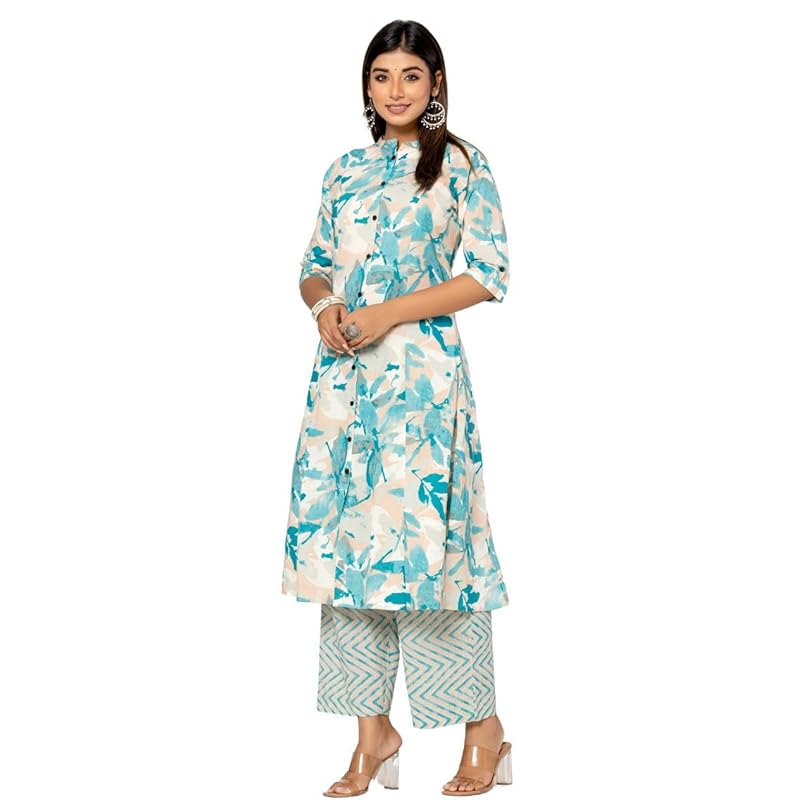 rytras Women s Cotton Printed A-Line Kurta with Palazzo Pant Set(RYT582,XL) Blue L