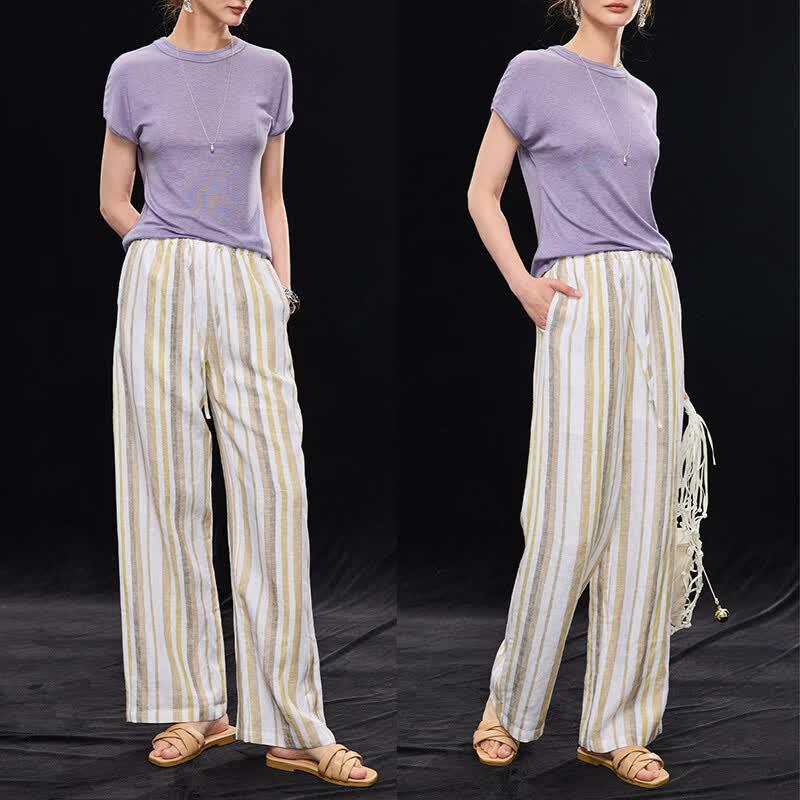 Wudao Women s 100% Linen Rainbow Stripe Wide-Leg Casual Pants XL