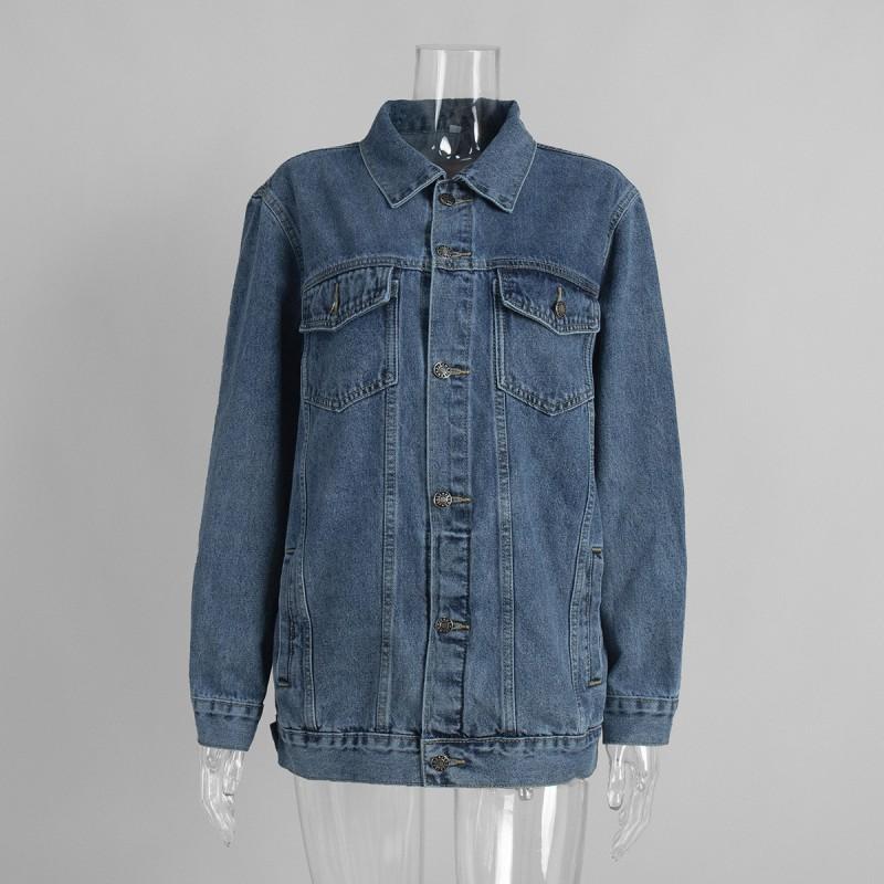 Womens Relaxed Fit Denim Jacket In Deep Blue Collar Style Long Sleeve Casual Korean-Japanese Inspired Outerwear