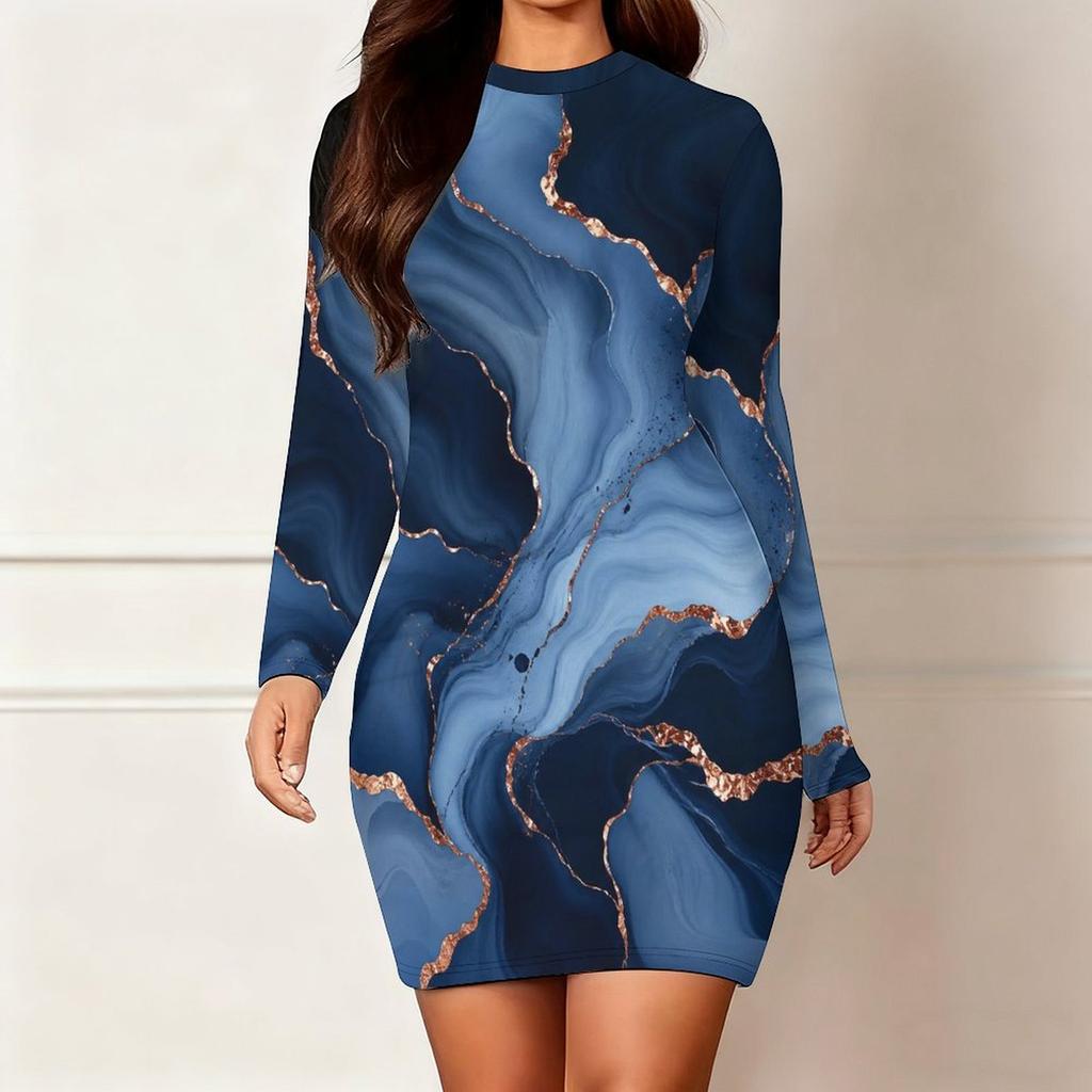 Women Plus Size Round Neck Long Sleeve Printed Teal Blue Gold Bodycon Mini Dress