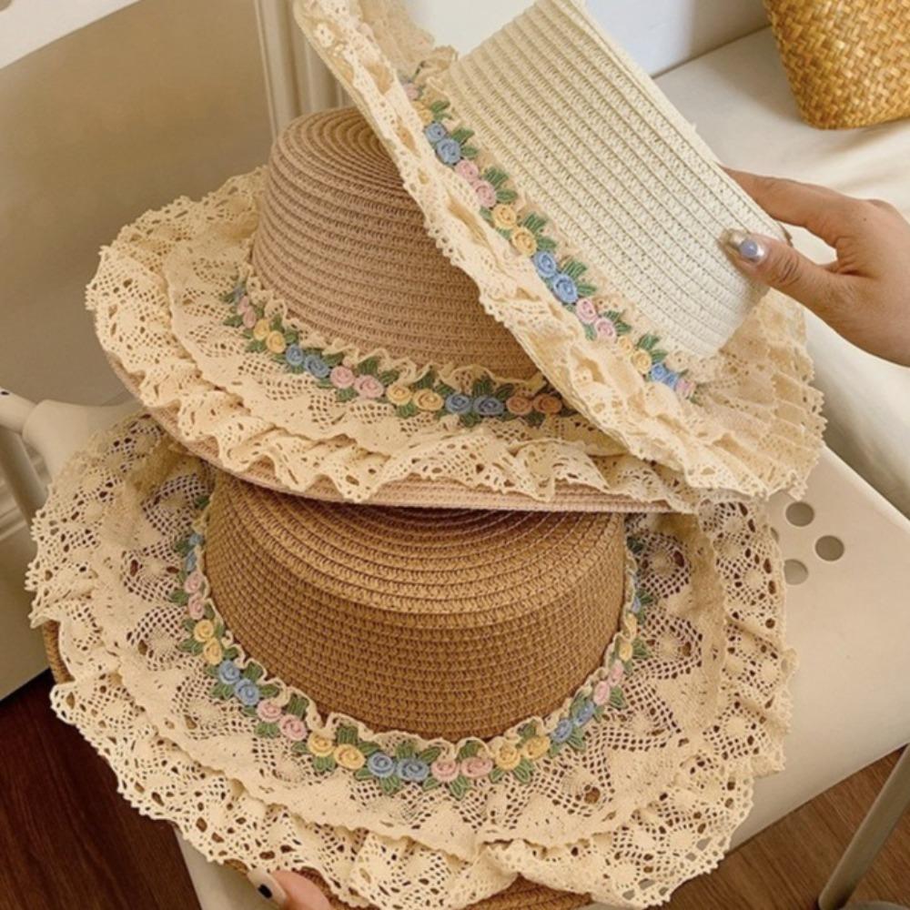 Flat Top Lace Floral Brim Cap Japanese Style Women's Sun Hat Simple Straw Woven Top Hat  Beach