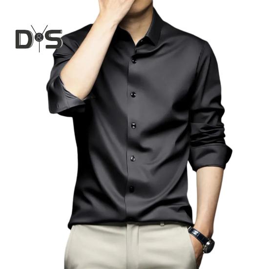 

Мужская весенняя рубашка с отложным воротником, однотонный атласный однобортный облегающий кардиган с длинными рукавами, мягкий дышащий средней длины, повседневный деловой мужчина XL чёрный