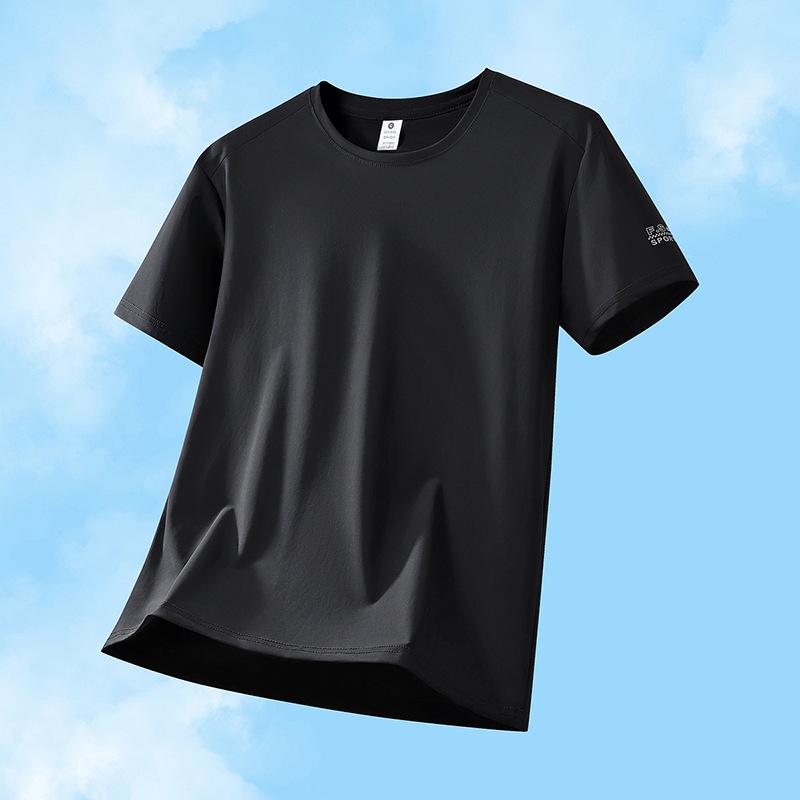 Men's Quick-Dry Ice Silk Short Sleeve T-Shirt - Solid Color, Casual, Elastic, Plus Size, Sports Fitness Top