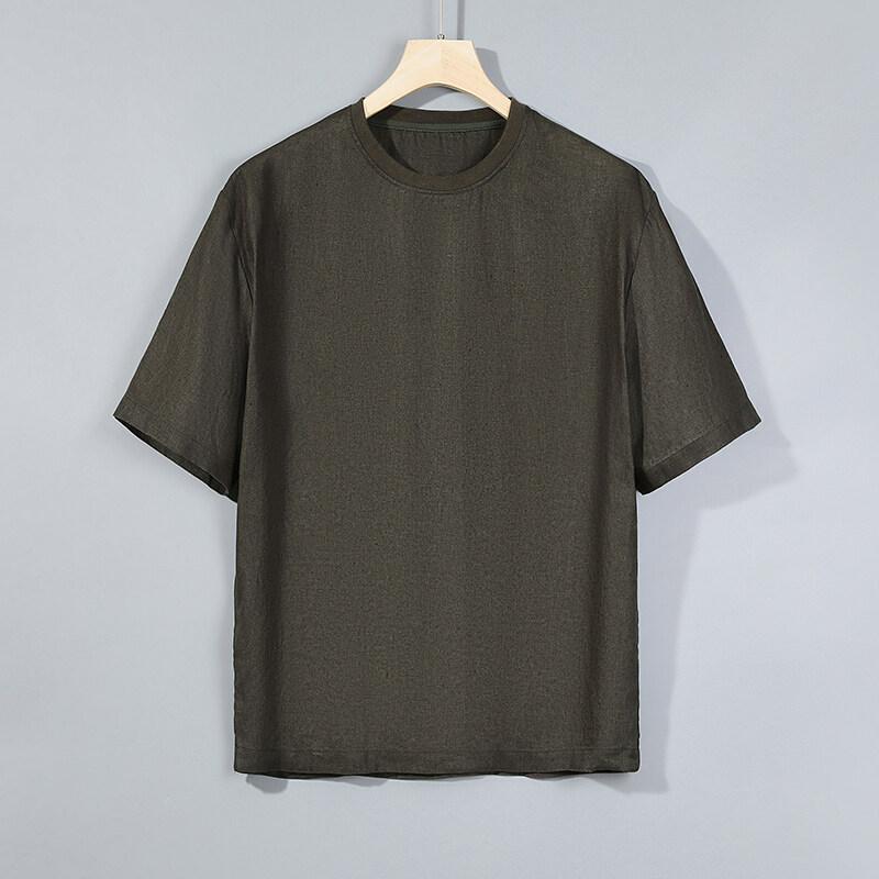 2025 Лето Мужские Повседневные Футболки с Коротким Рукавом в Китайском Стиле Мужская Однотонная Футболка из Чистого Льна Мужские Повседневные Винтажные Топы Футболки XL армия зеленый