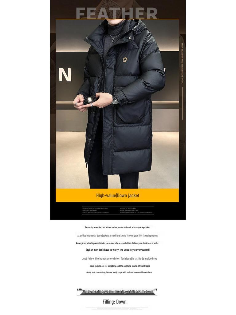Trendy Brand 2026 Men's Mid-Length Hooded Down Jacket - 50% Down, Thickened, High Quality