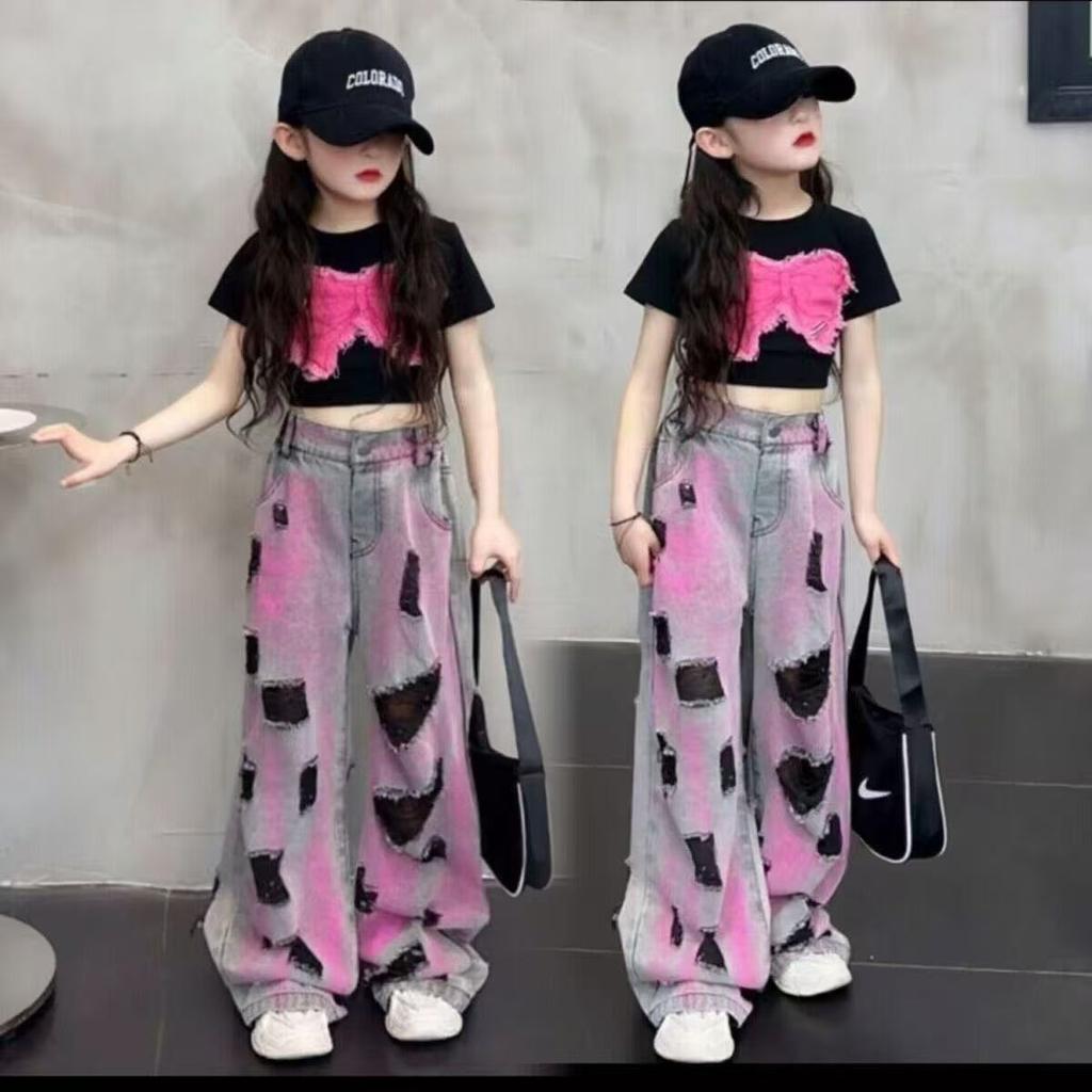 Girls' Summer Outfit Set Short Sleeve Sweet Cool Jeans Children's Summer Girls' Two Piece Set