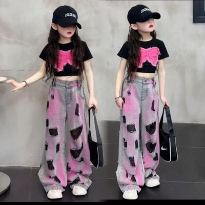 Girls' Summer Outfit Set Short Sleeve Sweet Cool Jeans Children's Summer Girls' Two Piece Set