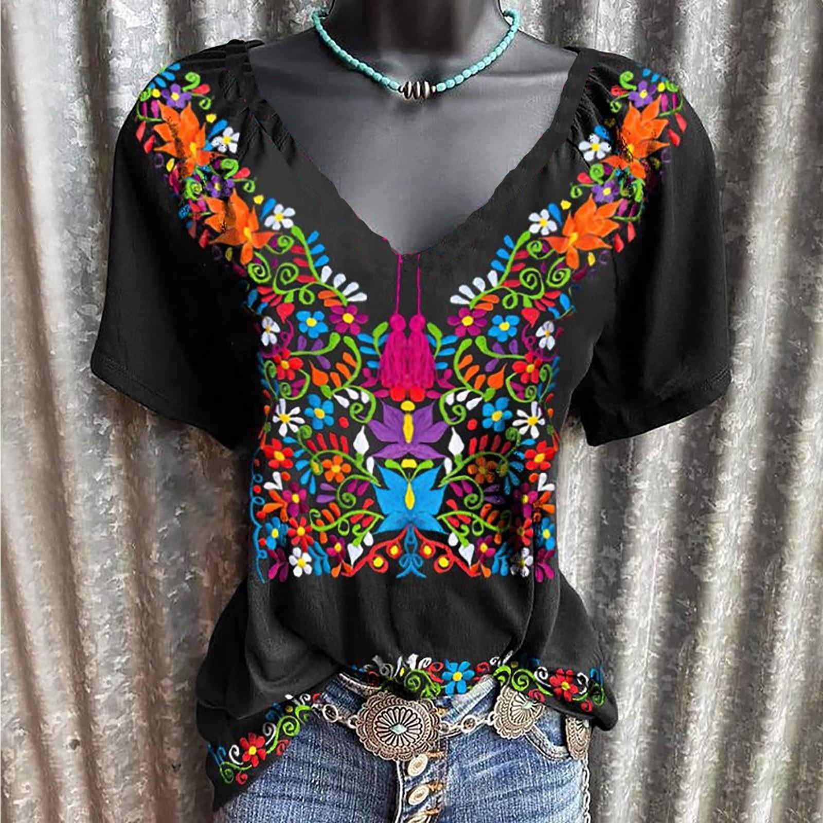 

Женская повседневная сексуальная свободная футболка в стиле бохо с принтом и v-образным вырезом, повседневная футболка с коротким рукавом XXXL разноцветный