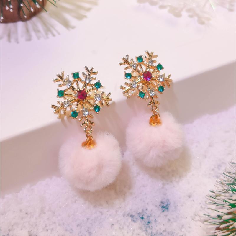 

Snowflake Pompom Ball Earrings For Women Christmas Flocking Hairball Bowknot Stud Earrings New Year Party Jewelry рожевий