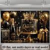 2D Plane Queen's Birthday Party Banner Background - Black and Gold Theme Featuring a Crown Cake. zyc