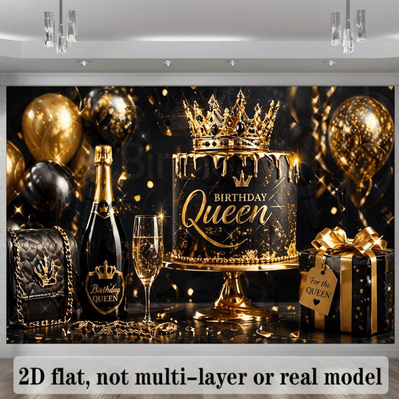 2D Plane Queen's Birthday Party Banner Background - Black and Gold Theme Featuring a Crown Cake. zyc