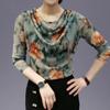 Women's Long Sleeve Print Bottoming Shirt Spring Autumn New Print Mesh Round Collar Pullovers Tshirt L-4XL