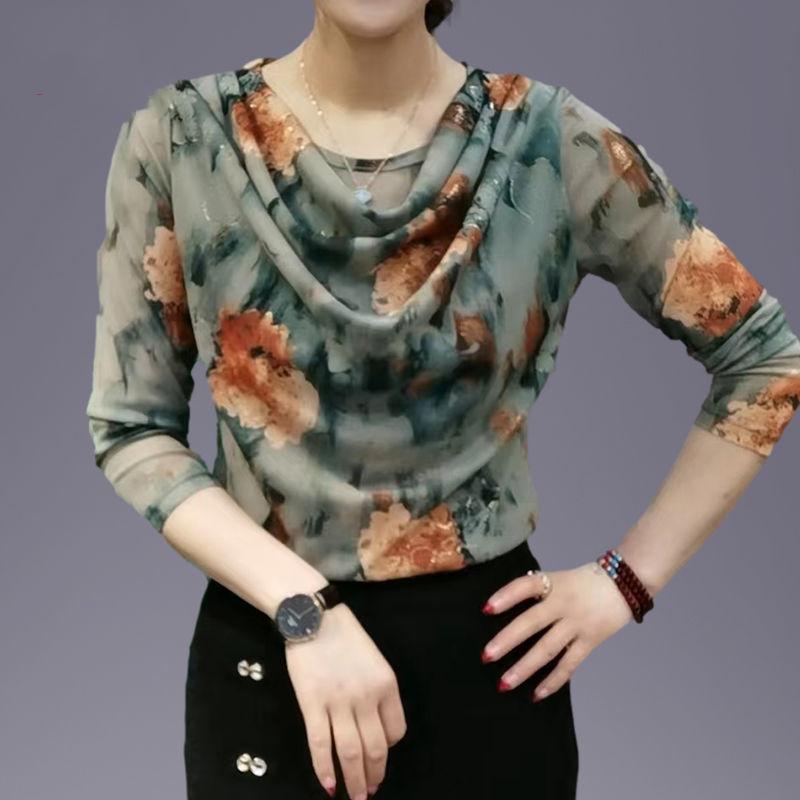 Women's Long Sleeve Print Bottoming Shirt Spring Autumn New Print Mesh Round Collar Pullovers Tshirt L-4XL