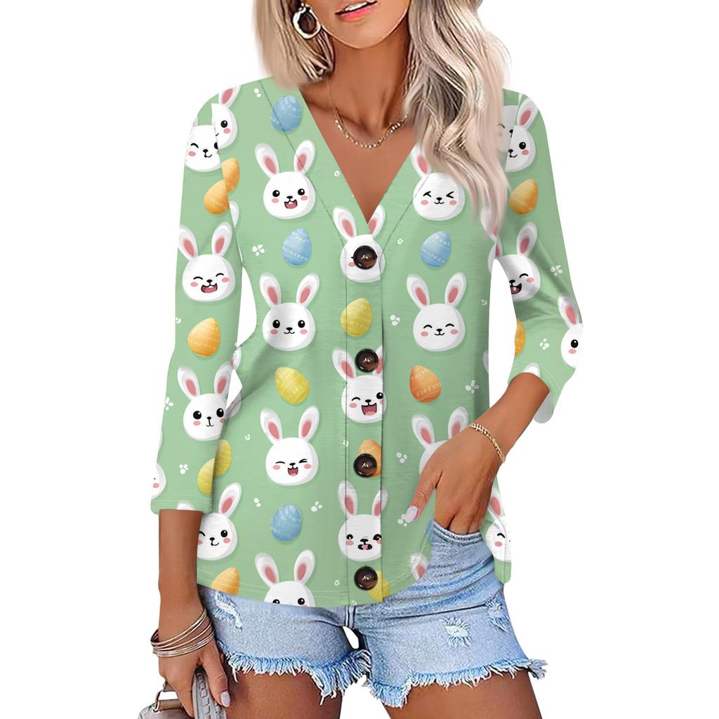 Women's Fashion Casual Print Button-down Shirt 3/4 Sleeve Tops
