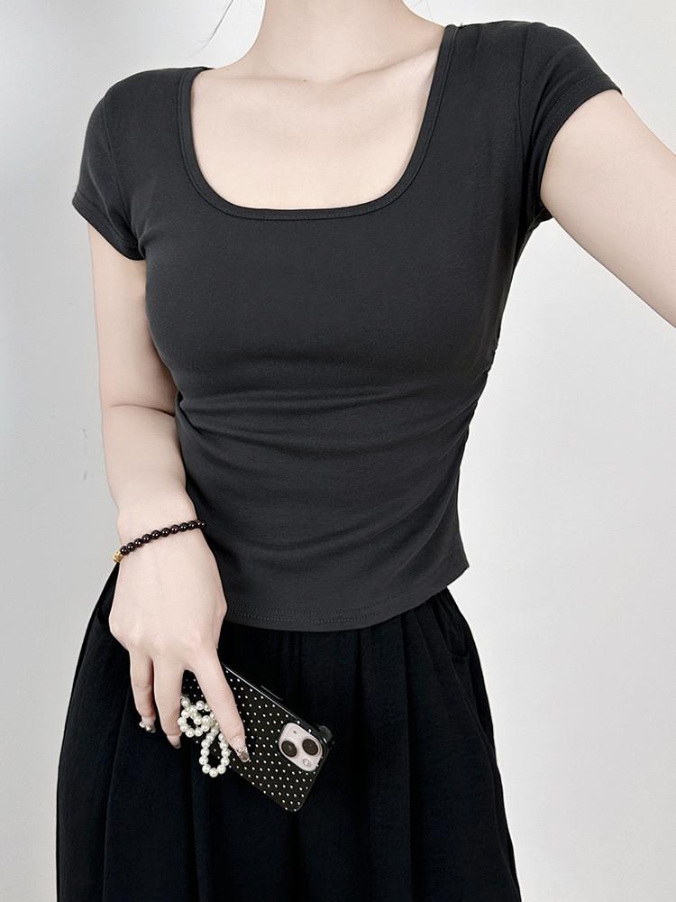 Cotton Short Sleeve T Shirt For Women With Pleated Design For Spring Summer Casual Wear