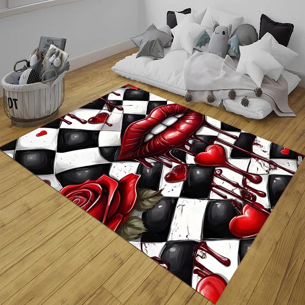 Striped Checkered Carpet Leopard Checkered Red Lip Foyer Carpet Nordic Style Bedroom Warm Decoration Rug Valentine's Day Gift