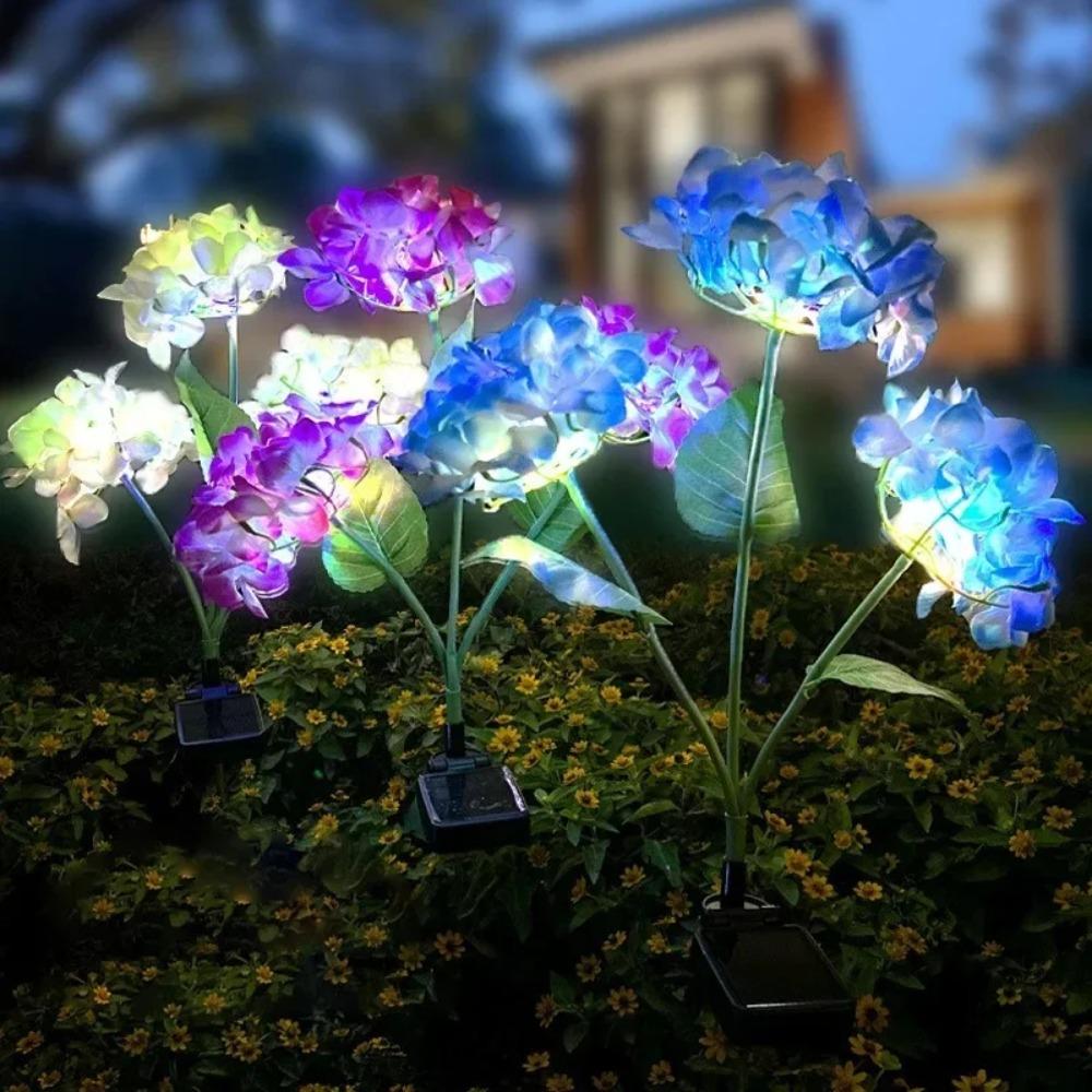 Solar 3 Heads Hydrangea Ground Lamps Outdoor Simulation LED Flower Stake Lights Waterproof Garden Party Decor