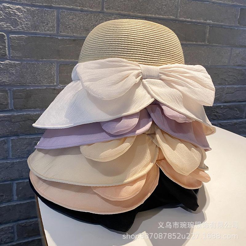 Mesh brim large bow fisherman's hat children show their faces small spring summer sunshade sunscreen portable sun hat