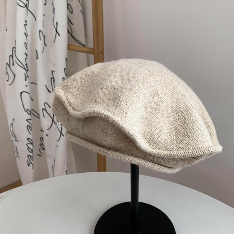 British style knitted thin wool beret female autumn and winter painter hat big head circumference sweet and cute show small face