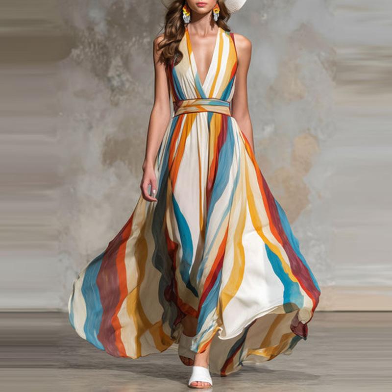European and American Spring and Summer Women's Clothing, Wavy Striped Deep V Sleeveless Off-the-shoulder Loose Long Dress New