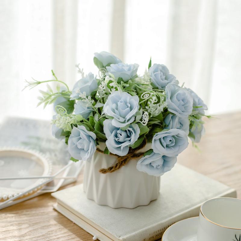 Artificial Flowers with Small Ceramic Vase Faux Roses Plants Eucalyptus Leaves Berries Flower Arrangements Decorations for Home